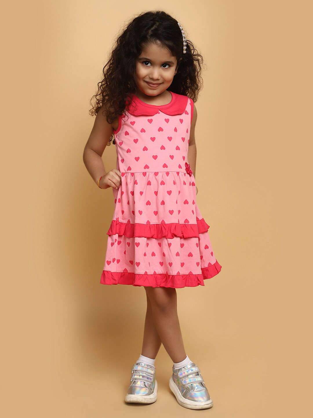 

V-Mart Girls Conversational Printed Peter Pan Collar Cotton Fit and Flare Dress, Pink