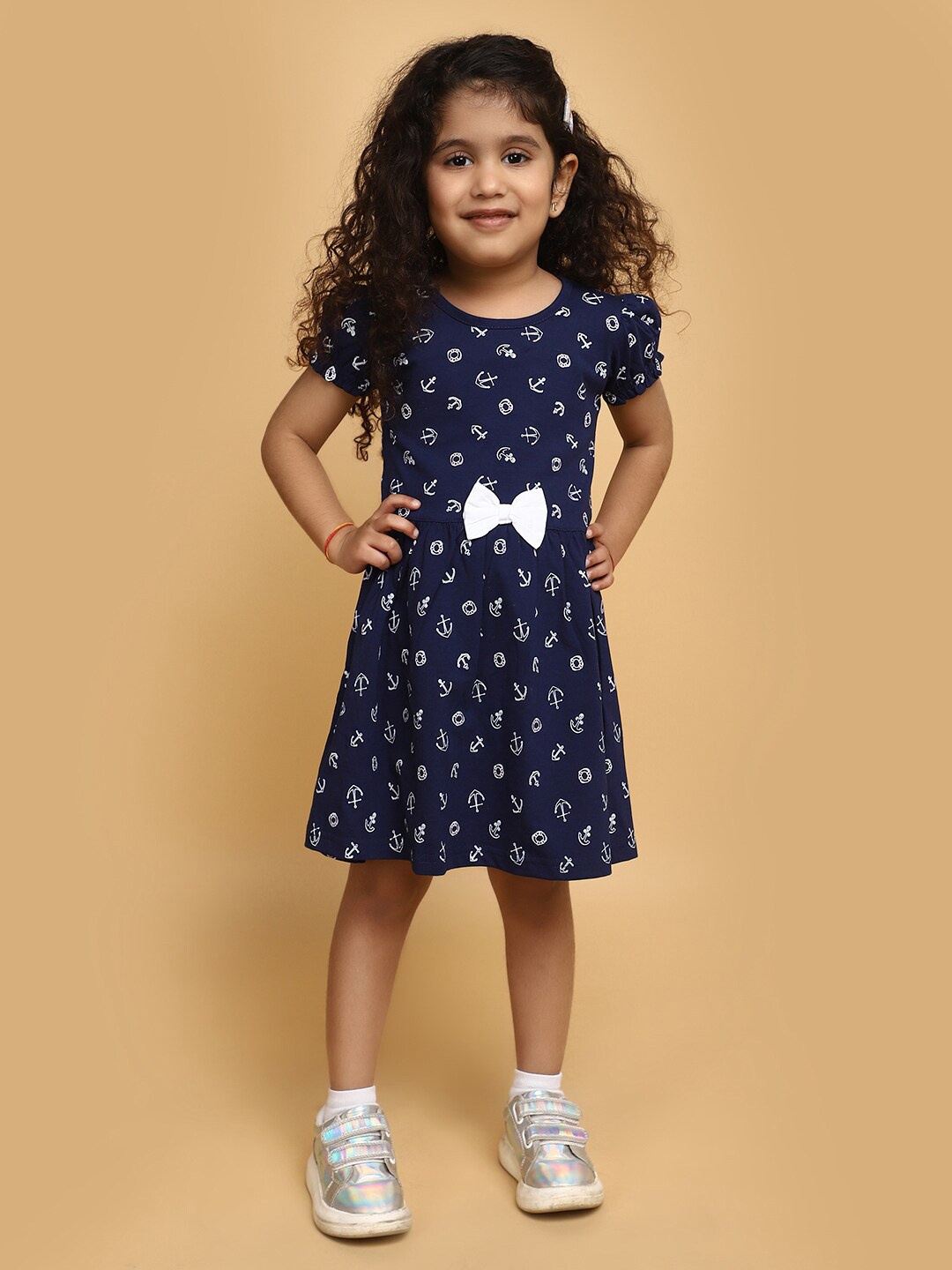 

V-Mart Conversational Printed Bow A-Line Dress, Blue