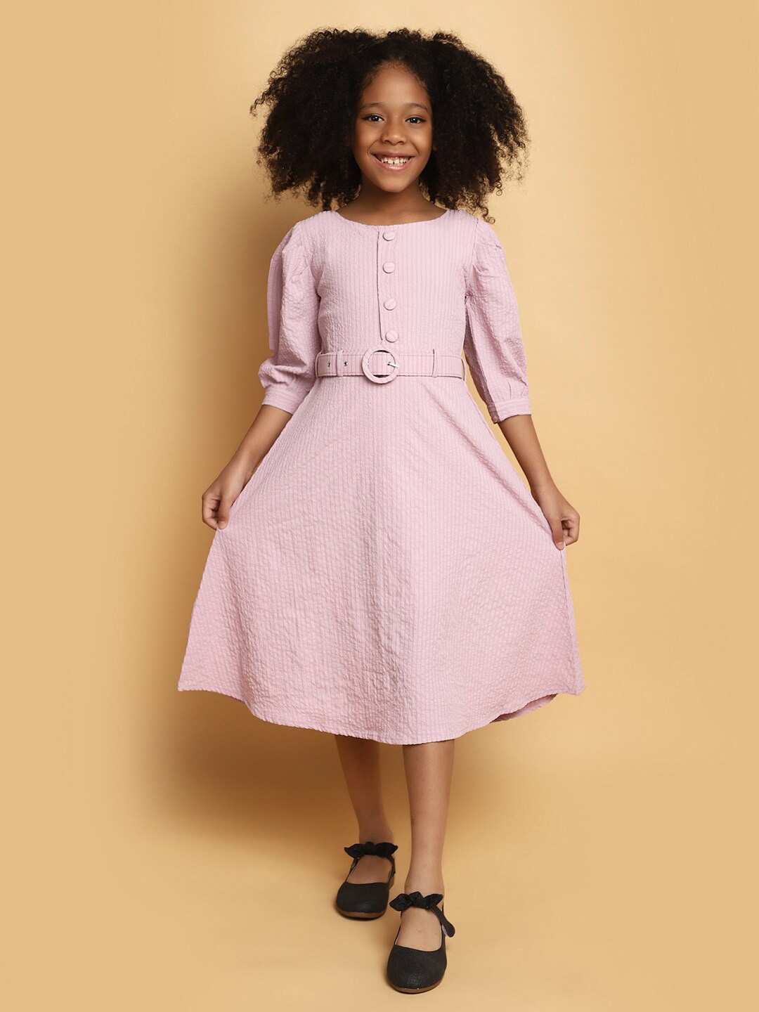 

V-Mart Girls Striped Puff Sleeves Cotton Fit & Flare Midi Dress, Pink