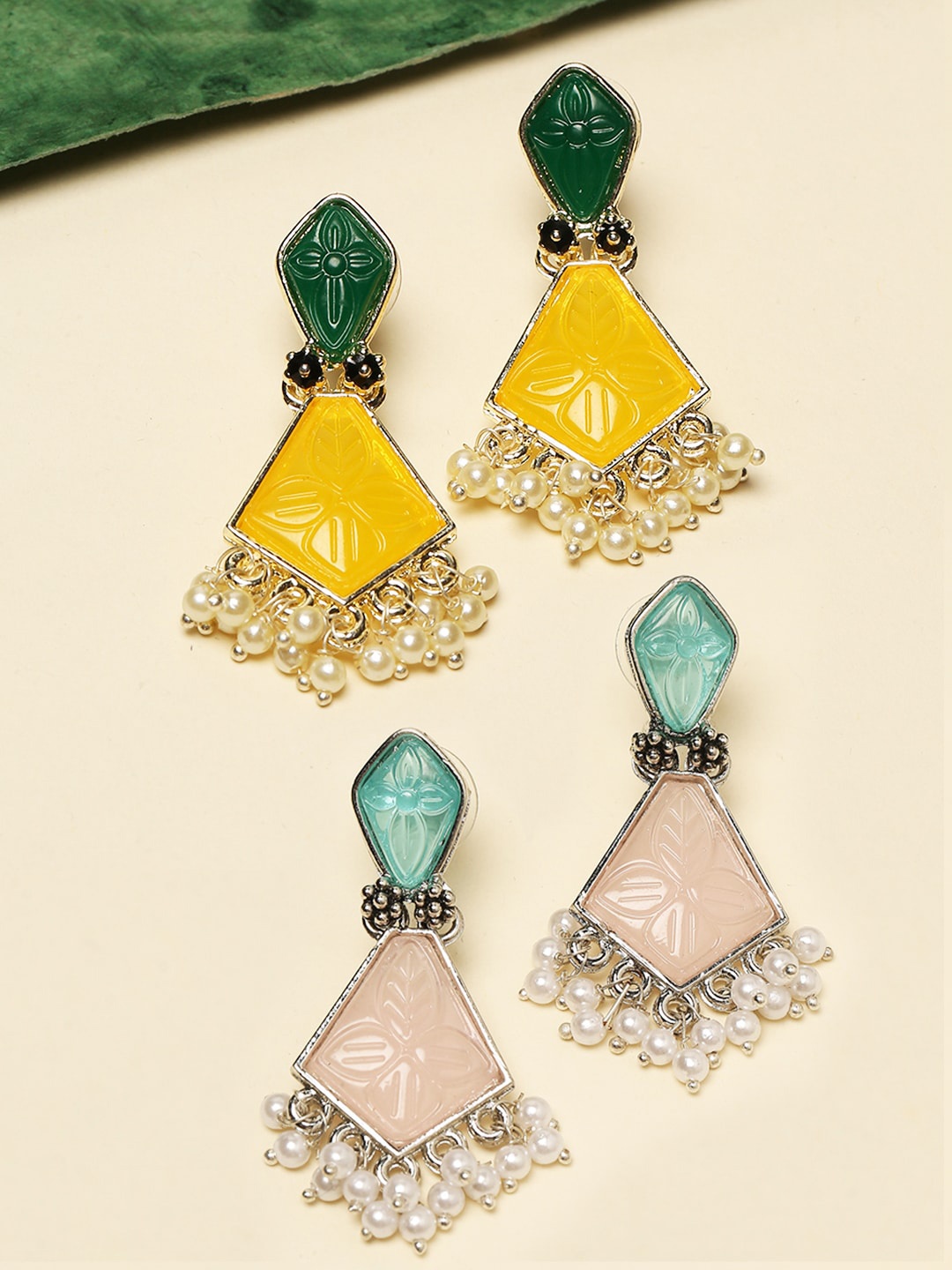 

OOMPH Set Of 2 Enamelled Geometric Drop Earrings, Yellow