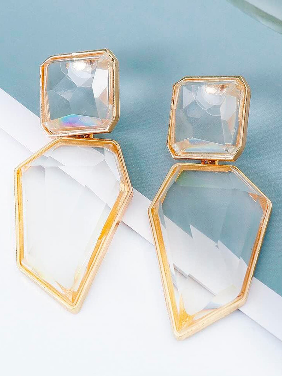 

OOMPH Crystals Studded Geometric Drop Earrings, Gold