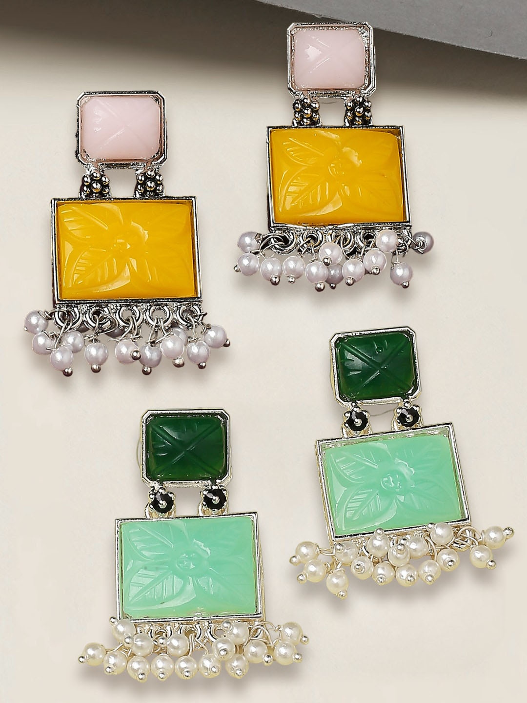 

OOMPH Set Of 2 Beaded Square Drop Earrings, Silver