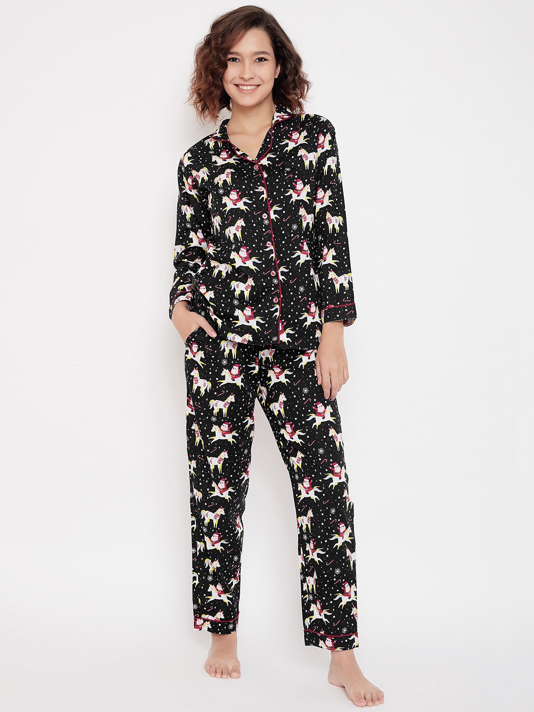 

Urban Komfort Christmas Printed Lapel Collar Shirt & Pyjamas, Black