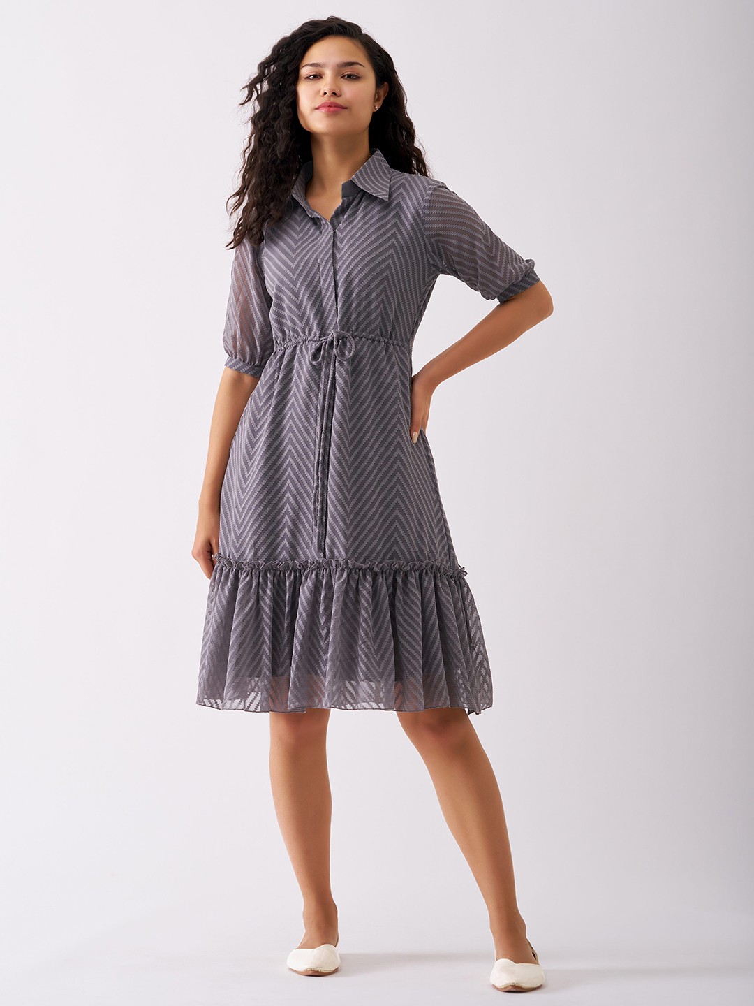 

AASK Self Design Shirt Collar Fit & Flare Dress, Grey