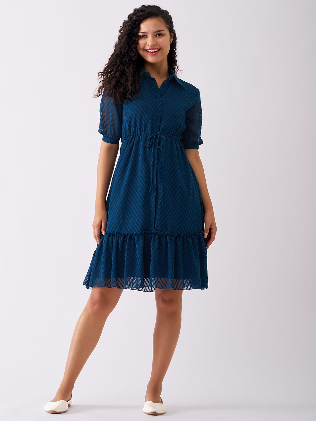 

AASK Self Design Shirt Collar Fit & Flare Dress, Teal