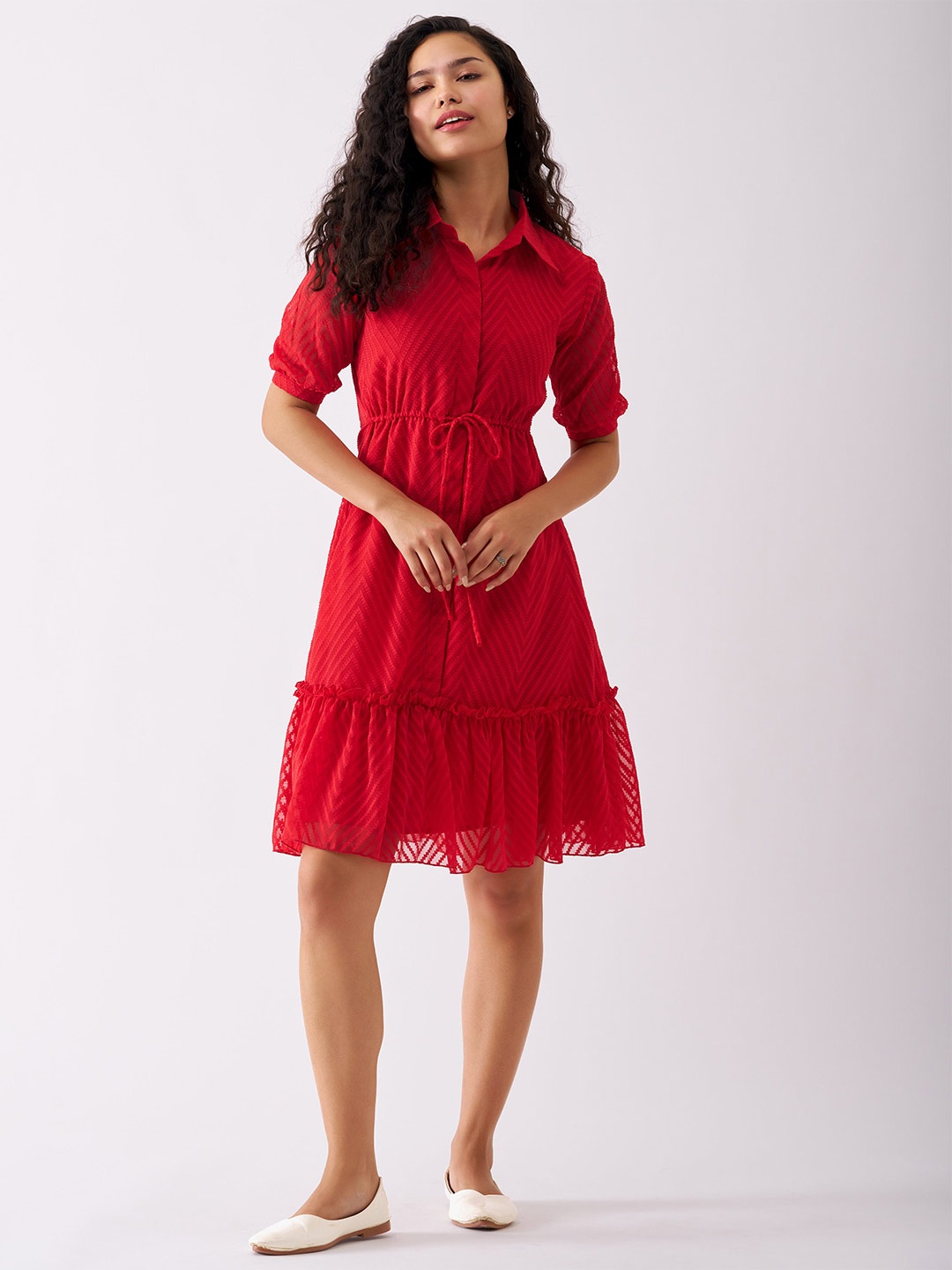 

AASK Self Design Shirt Collar Fit & Flare Dress, Red