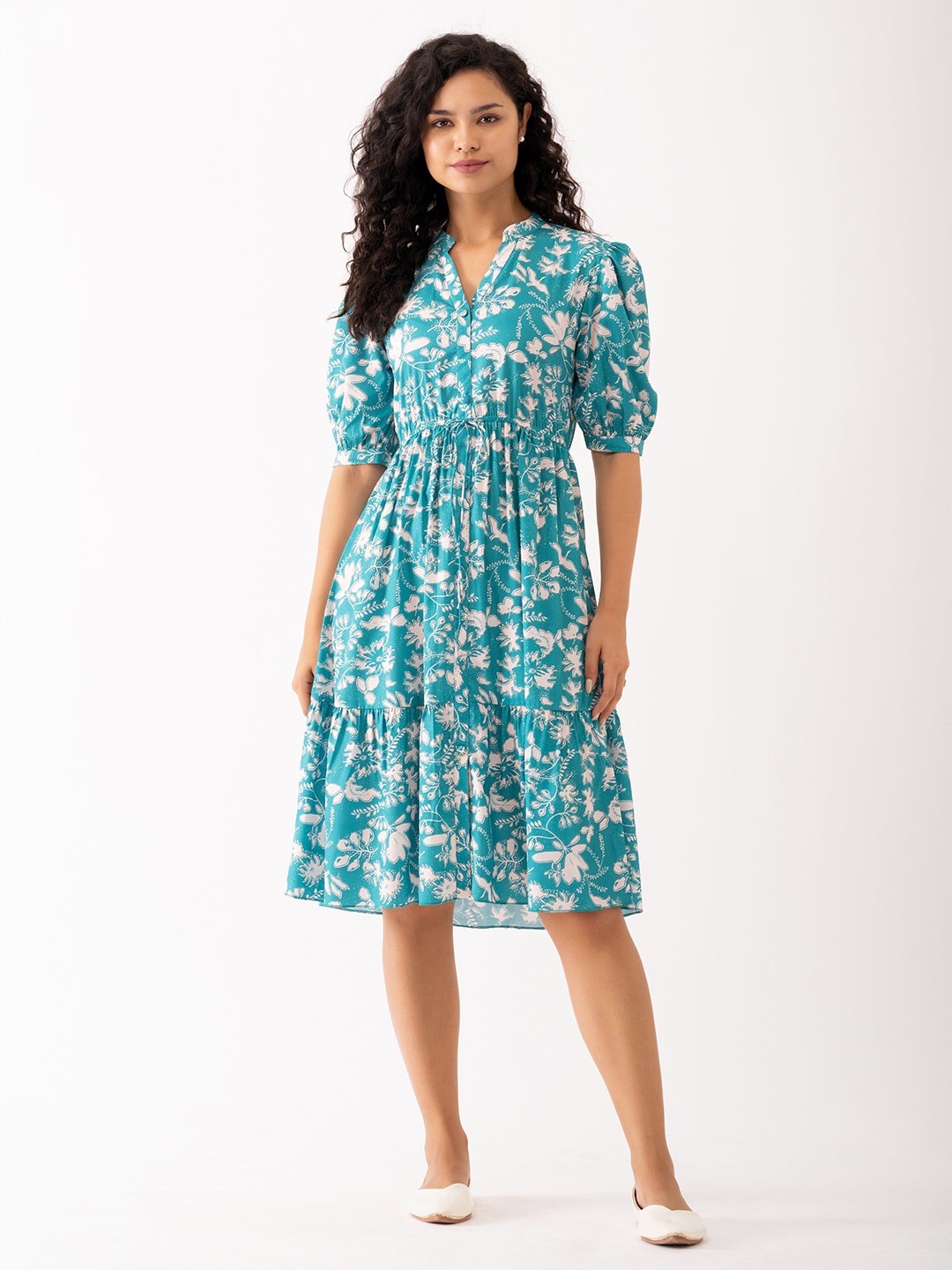 

AASK Floral Printed Shirt Collar Puff Sleeves Crepe Fit & Flare Dress, Blue