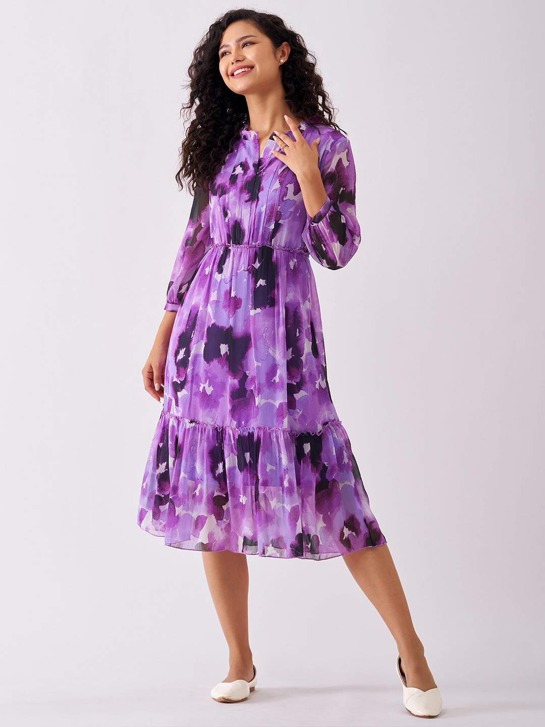 

AASK Abstract Printed Mandarin Collar Puff Sleeves Crepe Fit & Flare Midi Dress, Purple