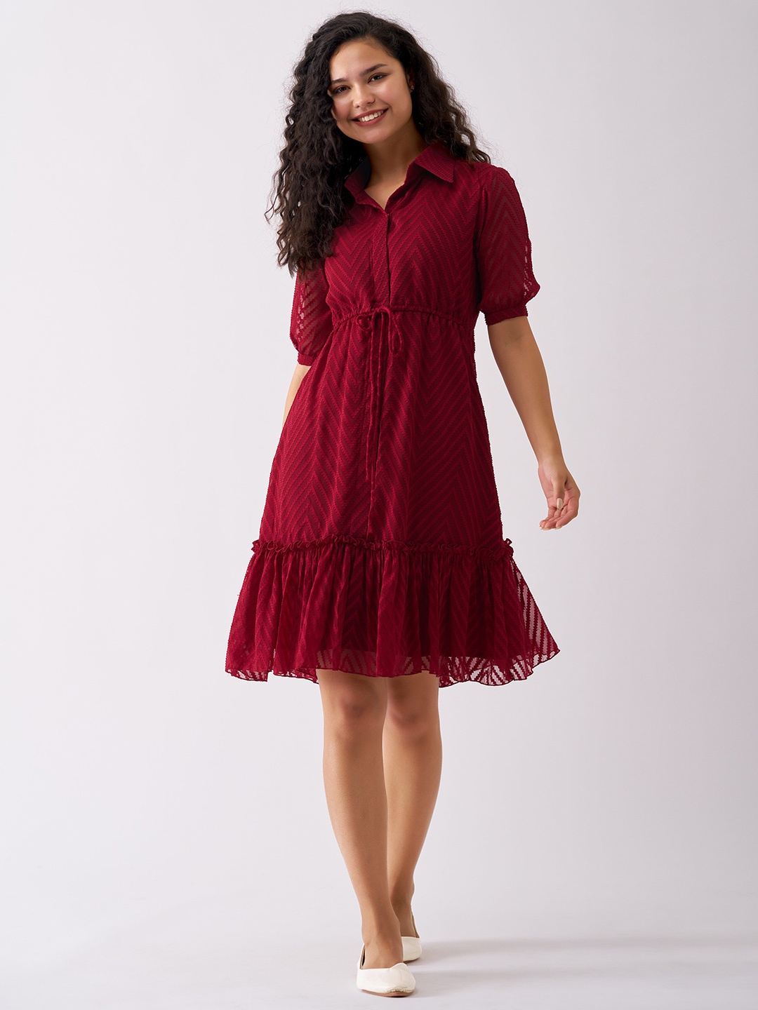 

AASK Self Design Shirt Collar Fit & Flare Dress, Maroon