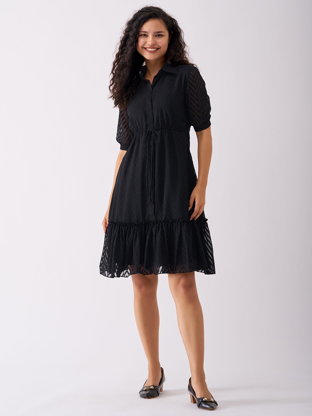 

AASK Self Design Shirt Collar Fit & Flare Dress, Black