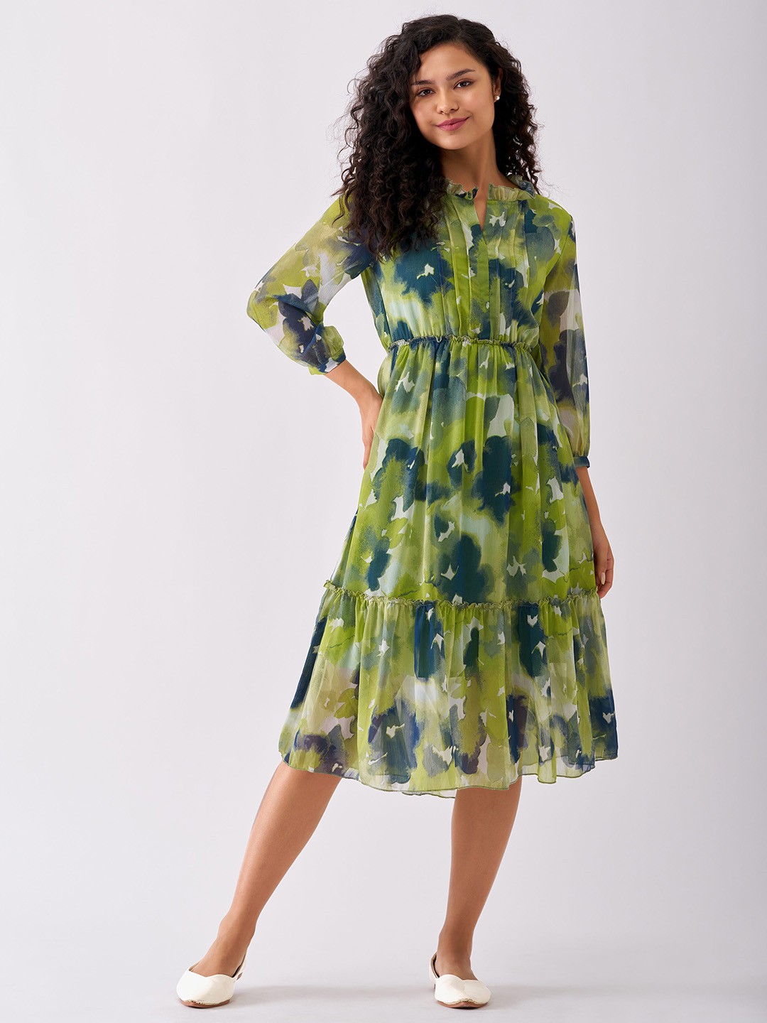 

AASK Floral Printed Ruffled Fit & Flare Midi Dress, Green