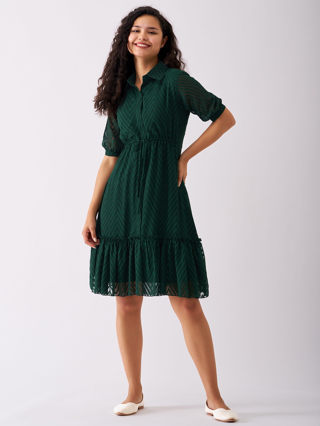 

AASK Self Design Shirt Collar Fit & Flare Dress, Green