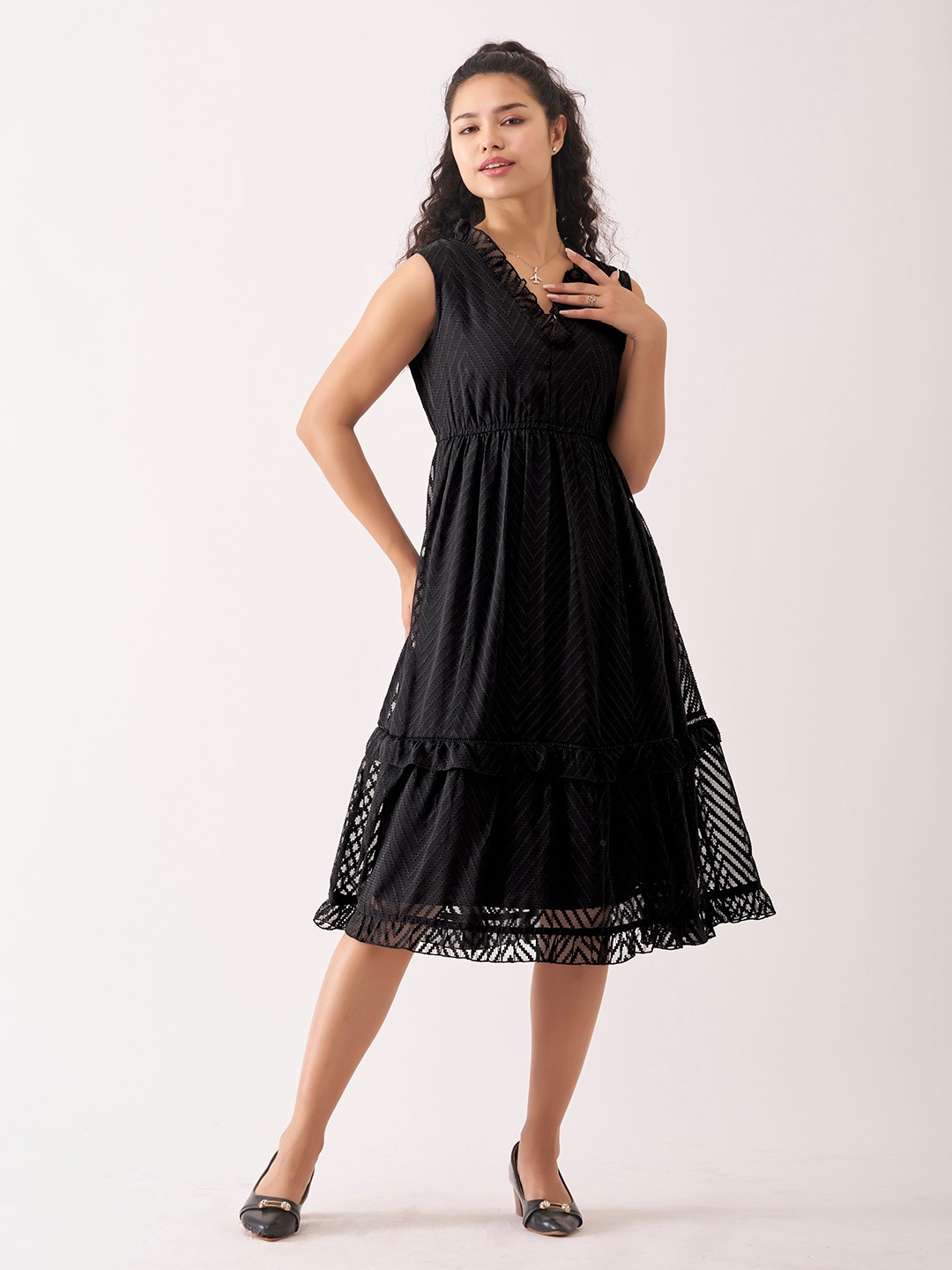 

AASK Self Design V-Neck Ruffled Fit & Flare Midi Dress, Black