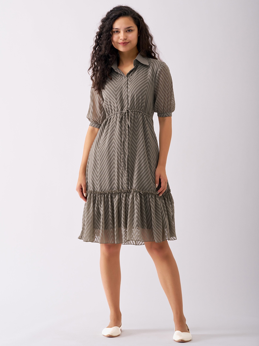 

AASK Self Design Shirt Collar Fit & Flare Dress, Grey