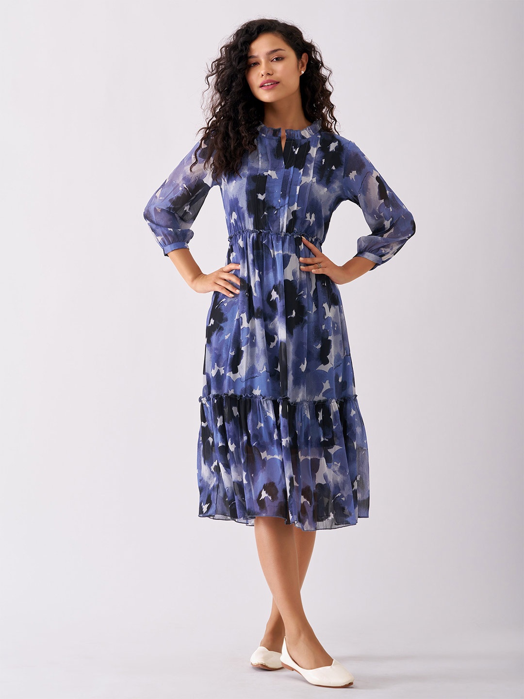 

AASK Floral Printed Ruffled Fit & Flare Midi Dress, Navy blue