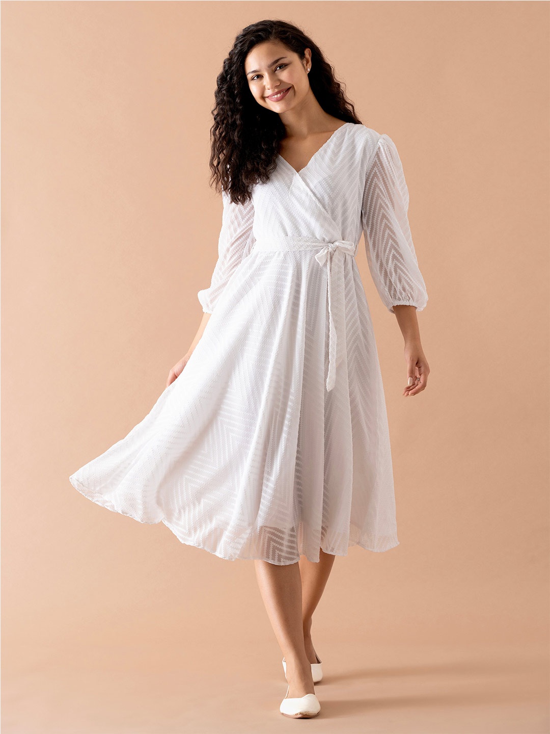 

AASK Self Design Crepe Fit & Flare Dress, White