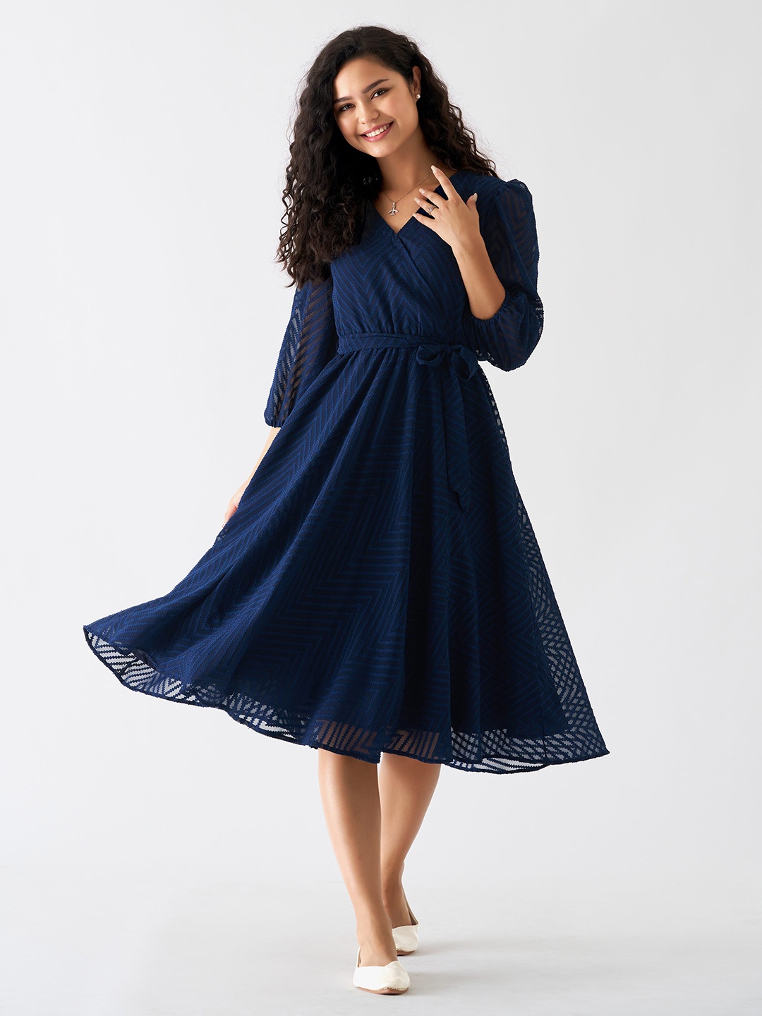 

AASK Self Design Crepe Fit & Flare Dress, Navy blue