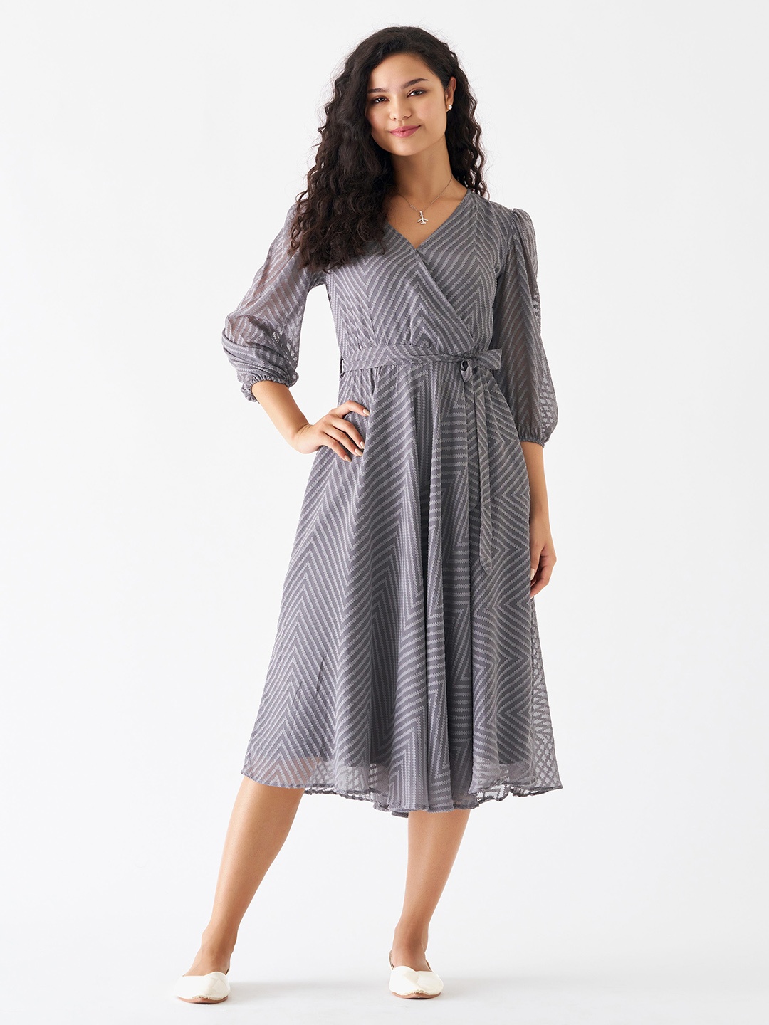 

AASK Self Design Crepe Fit & Flare Dress, Grey