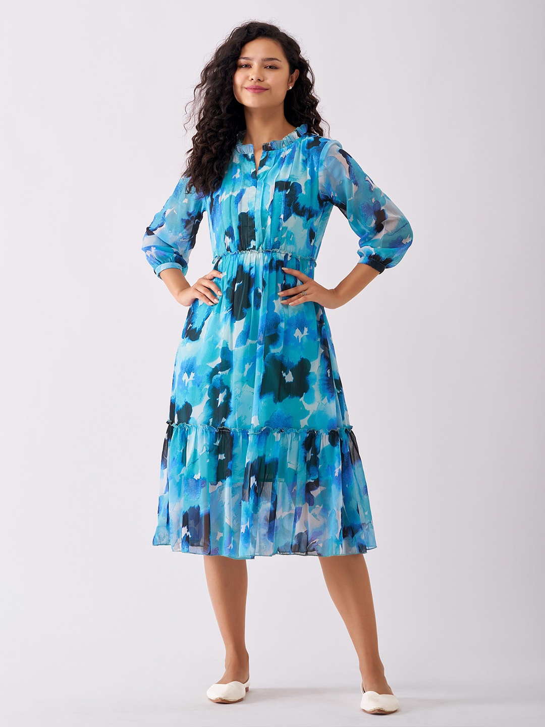 

AASK Puff Sleeves Gathered or Pleated Tiered Fit & Flare Dress, Blue