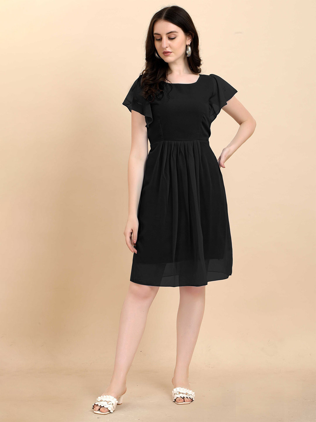 

Femvy Flutter Sleeves Georgette Fit & Flare Dress, Black