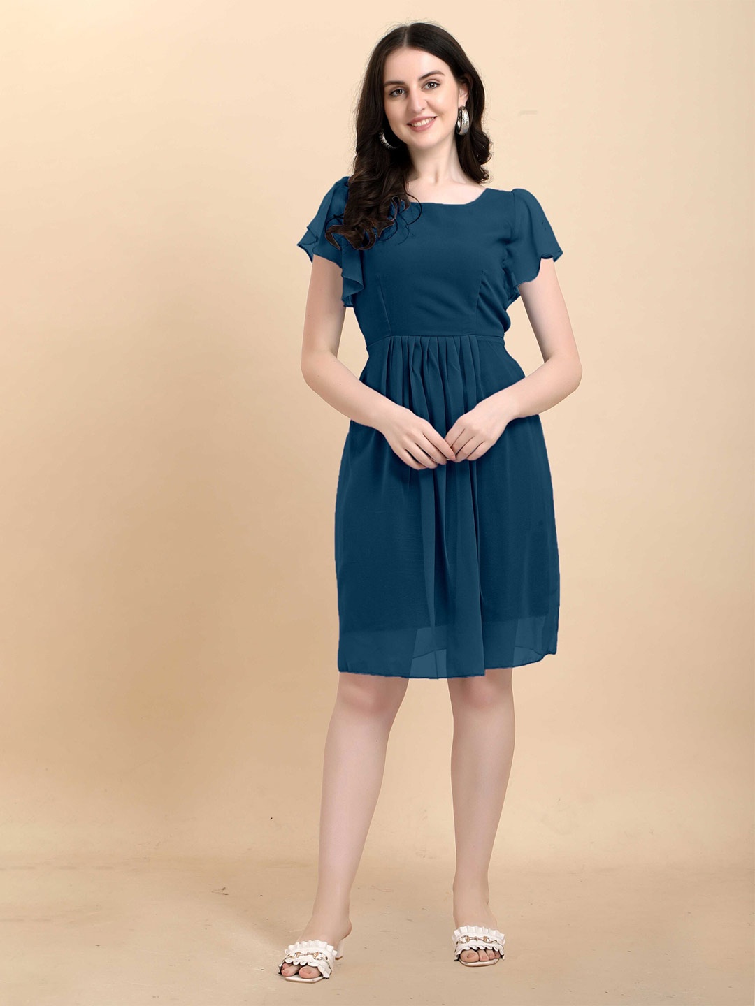 

Femvy Flared Sleeves Gathered Detail Georgette Fit & Flare Dress, Blue