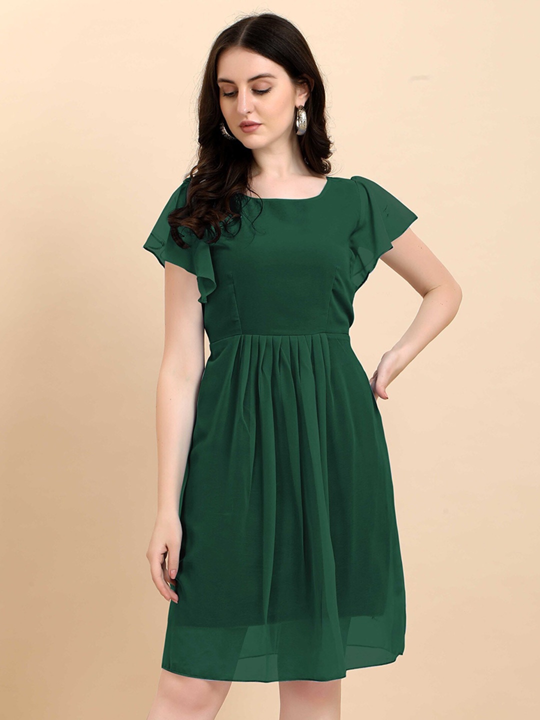 

Femvy Flared Sleeves Gathered Detail Georgette Fit & Flare Dress, Green