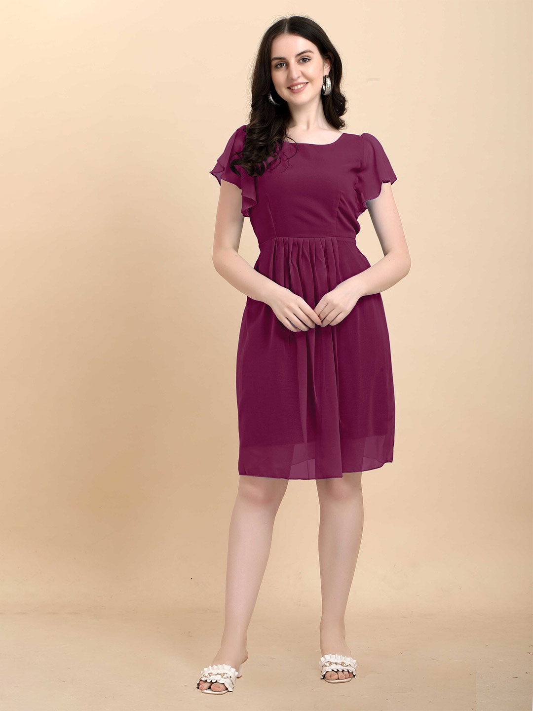 

Femvy Flared Sleeves Gathered Detail Georgette Fit & Flare Dress, Magenta