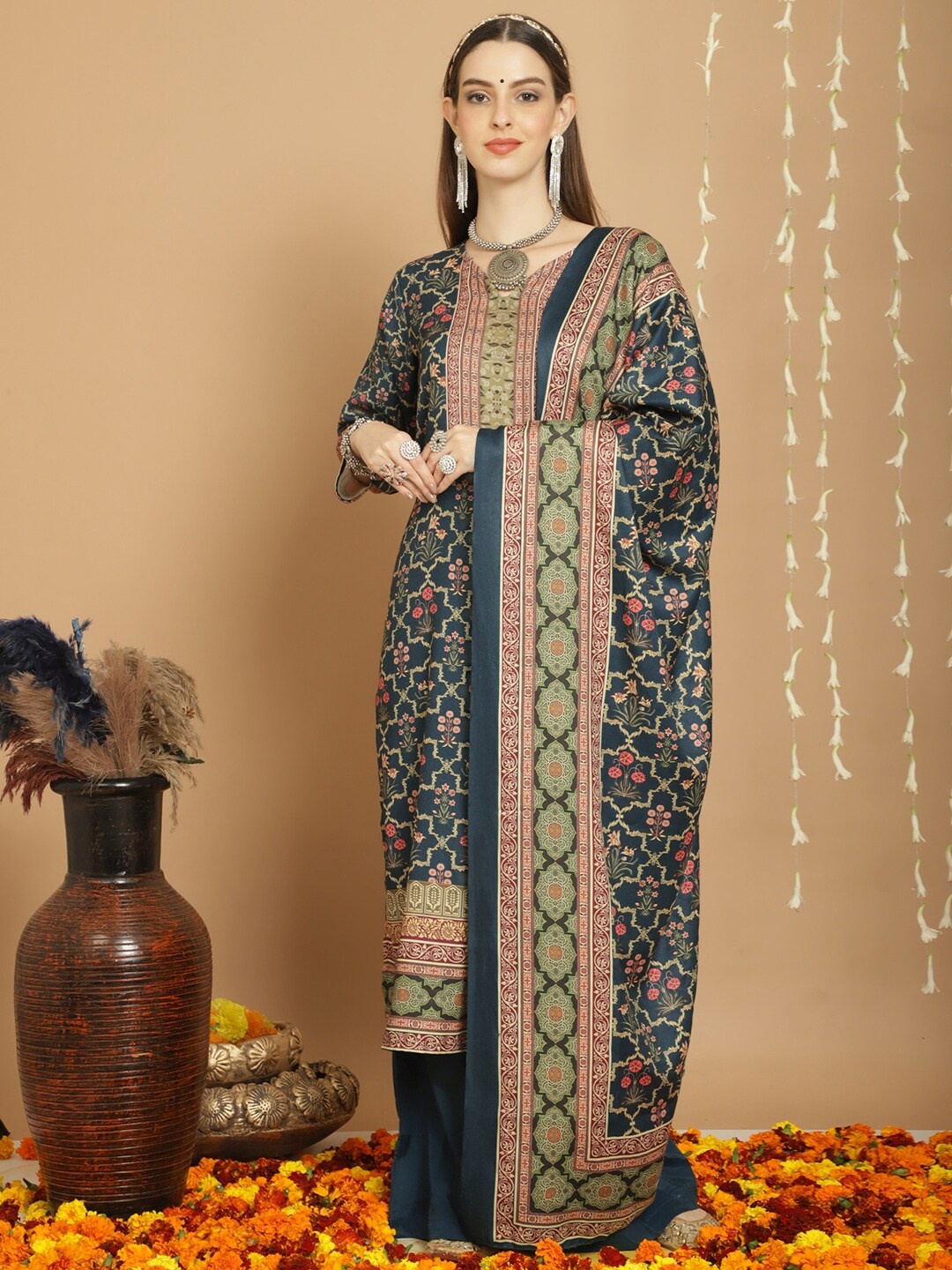 

Stylee LIFESTYLE Printed Pashmina Unstitched Dress Material, Teal