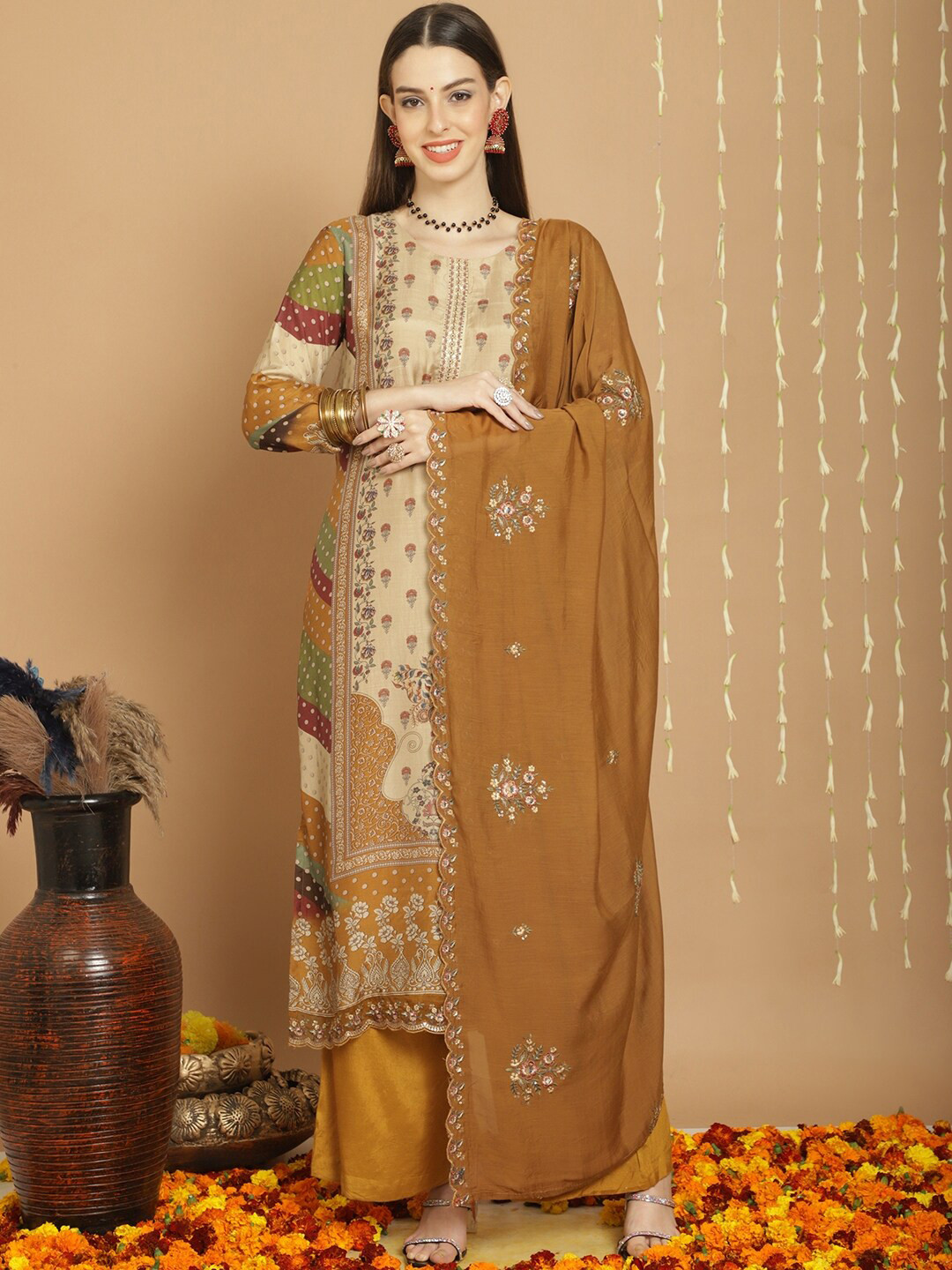 

Stylee LIFESTYLE Printed Pure Silk Unstitched Dress Material, Mustard