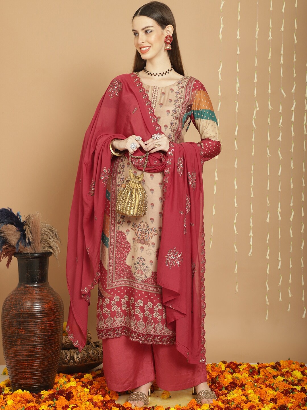 

Stylee LIFESTYLE Floral Printed Pure Silk Unstitched Dress Material, Pink