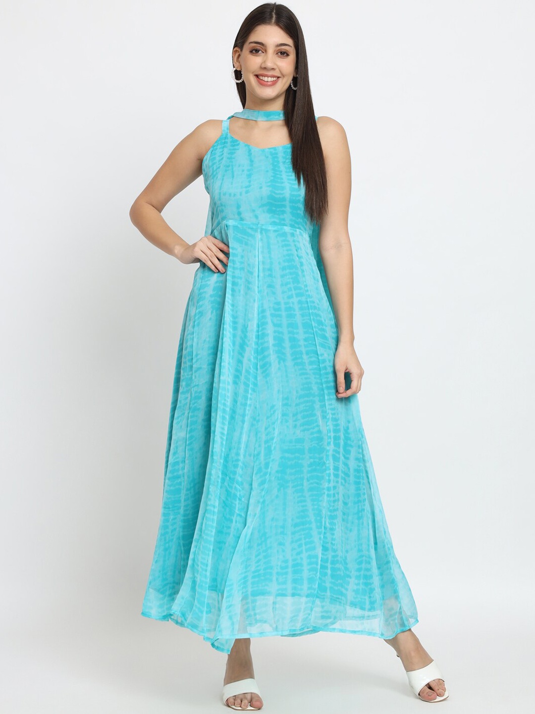 

ISAM Dyed Pure Chiffon Anarkali Maxi Ethnic Dress With choker Dupatta, Sea green