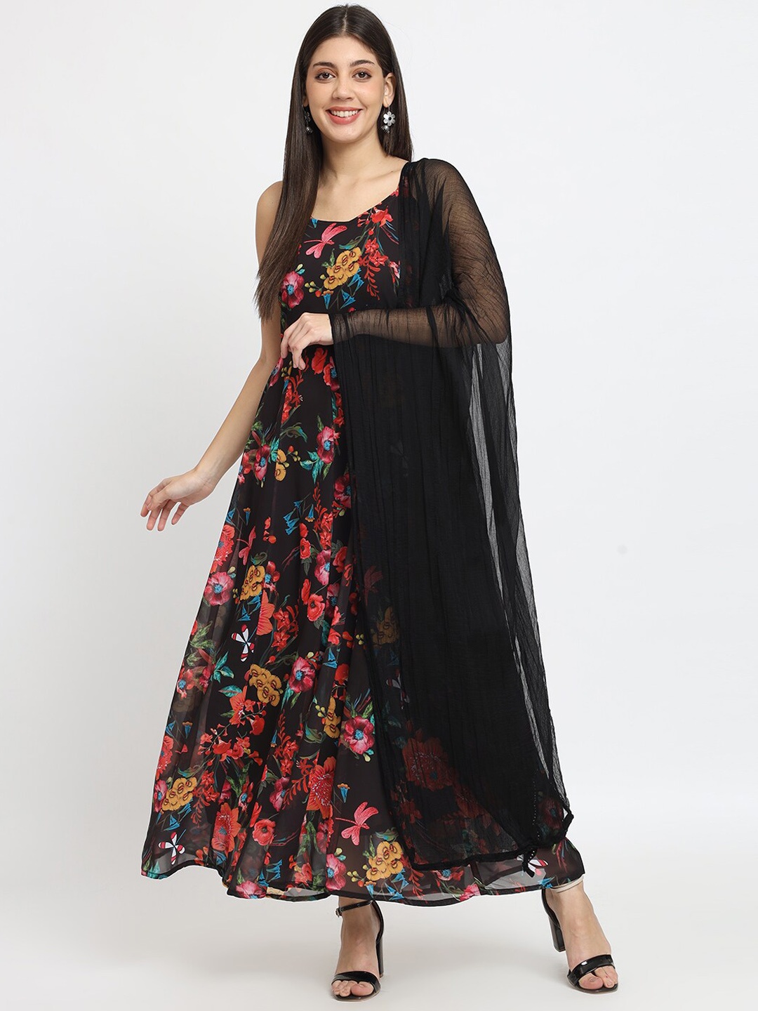 

ISAM Floral Printed Floral Georgette Anarkali Maxi Ethnic Dress With Dupatta, Black