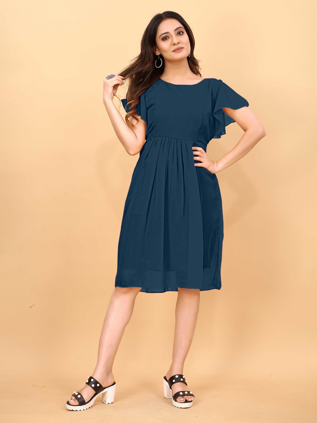 

Femvy Flared Sleeves Gathered Detail Georgette Fit & Flare Dress, Blue