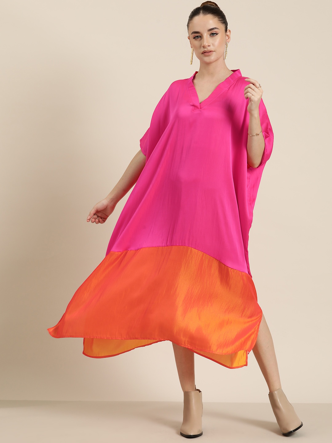 

Qurvii Desi Colourblocked Kaftan Midi Dress, Fuchsia