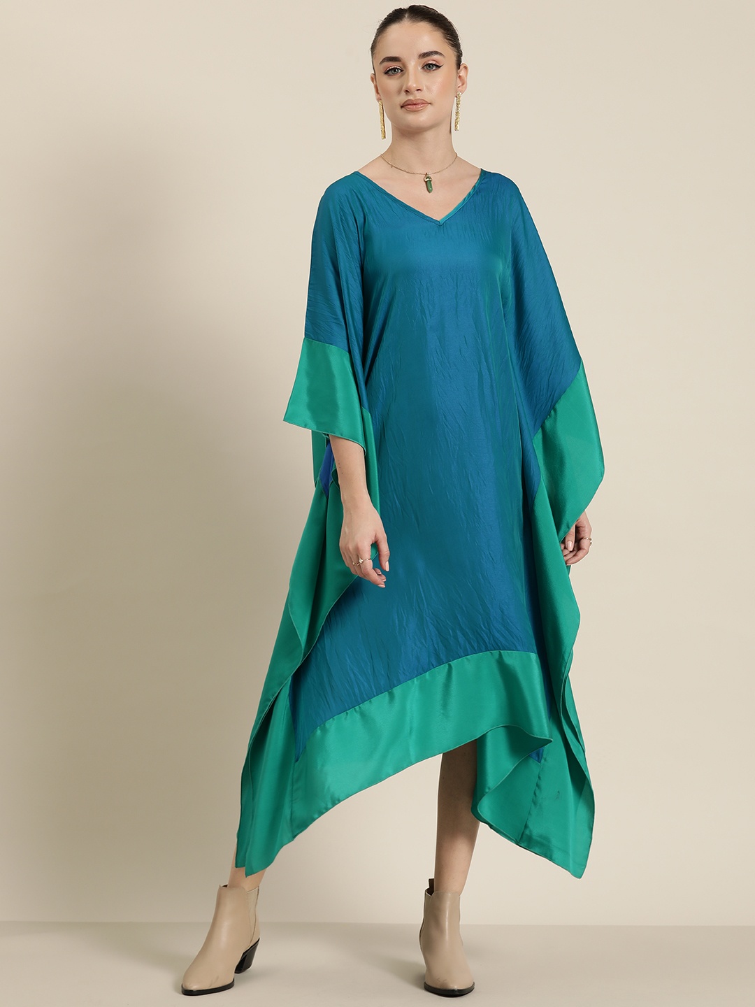 

Qurvii Desi Contrast Border Kaftan Midi Dress, Turquoise blue