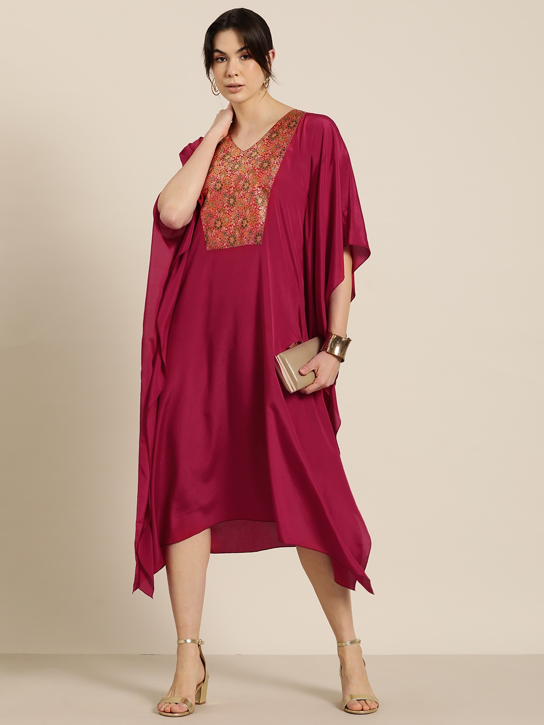 

Qurvii Desi Floral Print Kimono Sleeve Kaftan Midi Dress, Red
