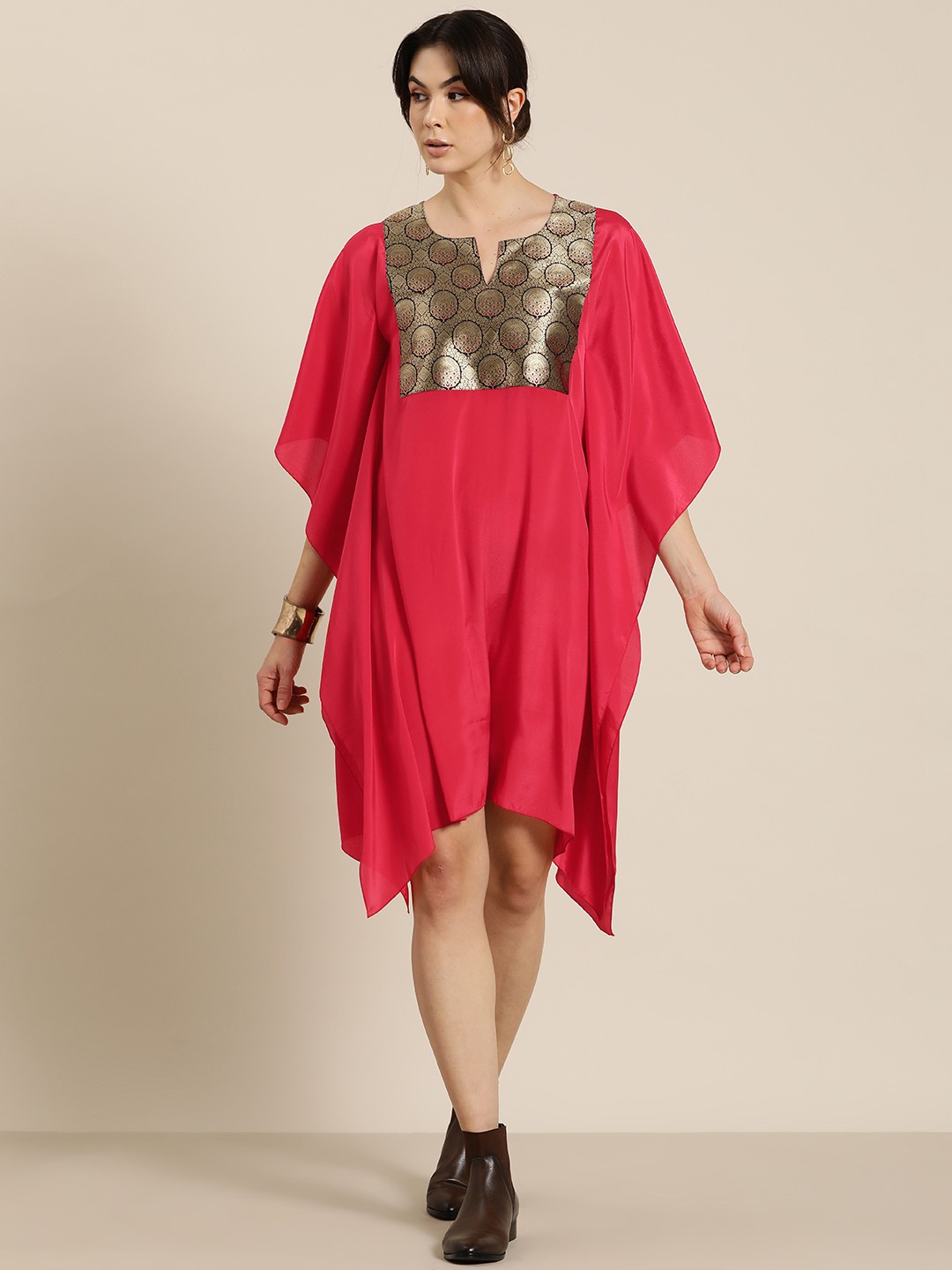

Qurvii Desi Ethnic Motifs Print Kimono Sleeve Kaftan Dress, Red