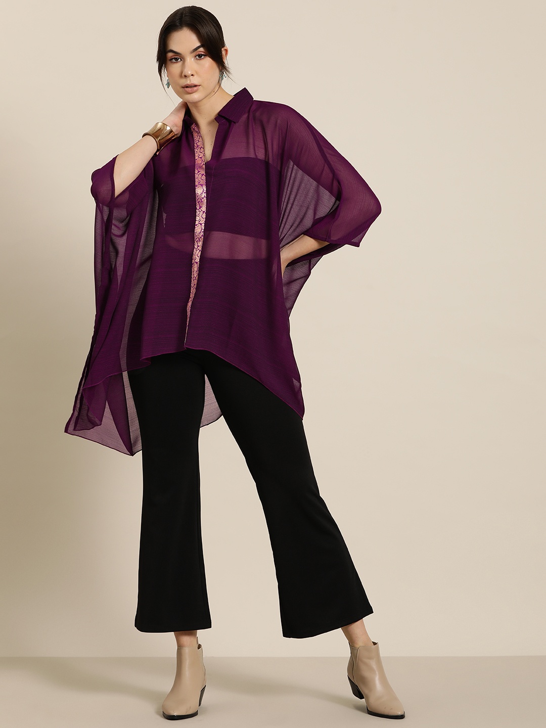 

Qurvii Desi Kimono Sleeve Georgette Kaftan Longline Top, Purple