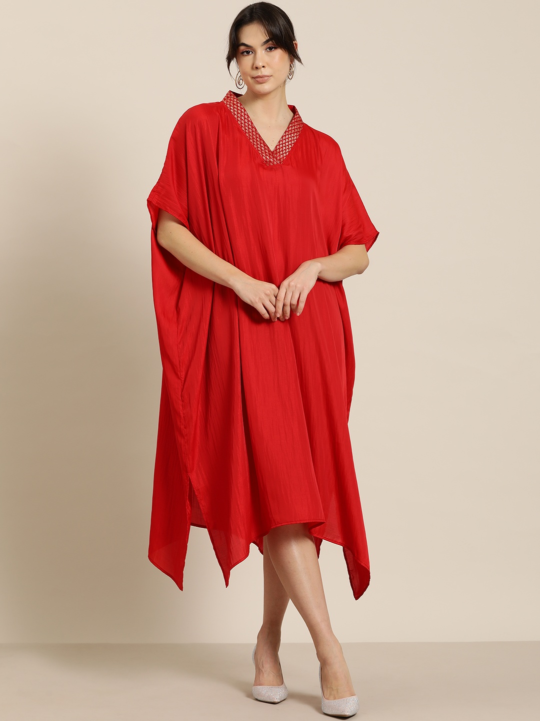 

Qurvii Desi Solid Kimono Sleeve Oversized Kaftan Midi Dress, Red