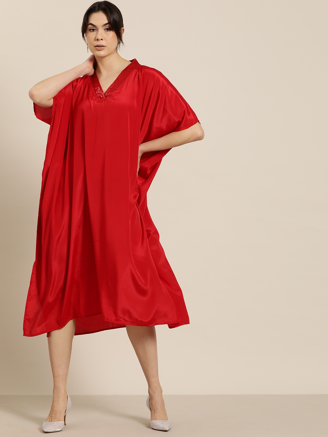 

Qurvii Desi Solid Kimono Sleeve Kaftan Midi Dress, Red