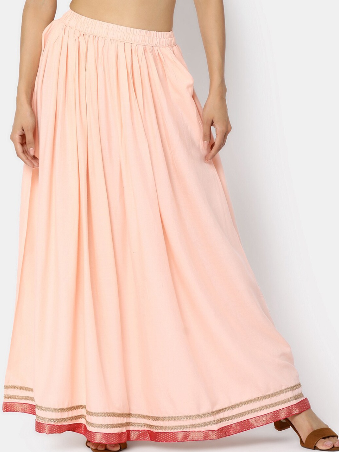 

V-Mart Flared Gathered Maxi Ethnic Skirt, Peach