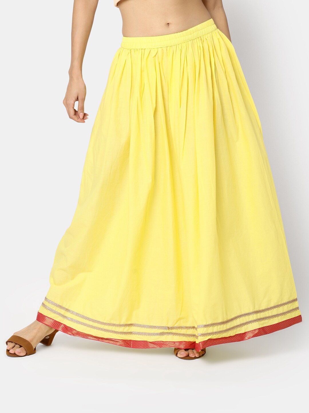 

V-Mart Ethnic Printed Border Flared Maxi Skirt, Yellow