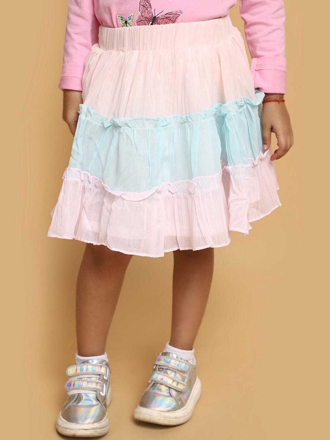 

V-Mart Girls Colourblocked Tiered Flared Skirt, Pink