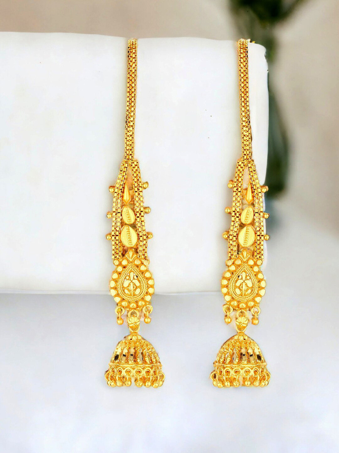 

Goldnera Gold-Plated Contemporary Jhumkas With Attached Ear Chain