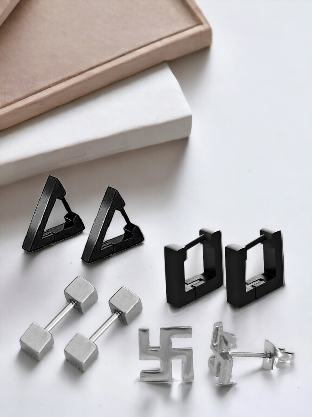 

Goldnera Men Set Of 4 Stainless Steel Geometric Shaped Stud Earrings, Black