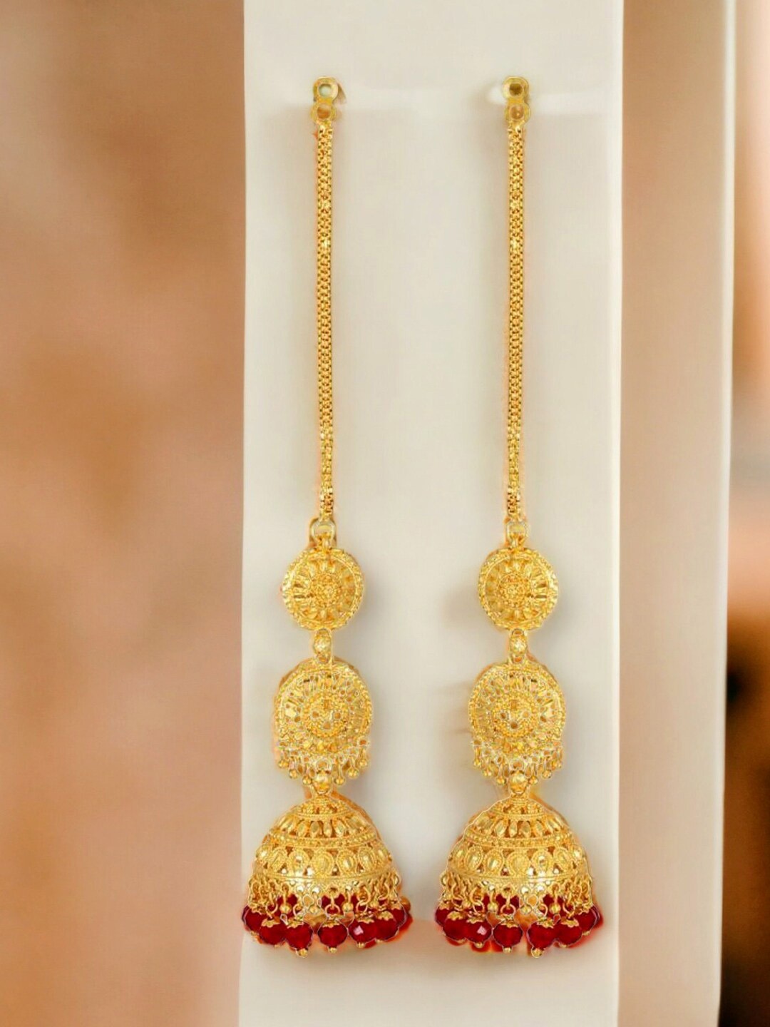 

Goldnera Gold Plated Beaded Chain Jhumkas