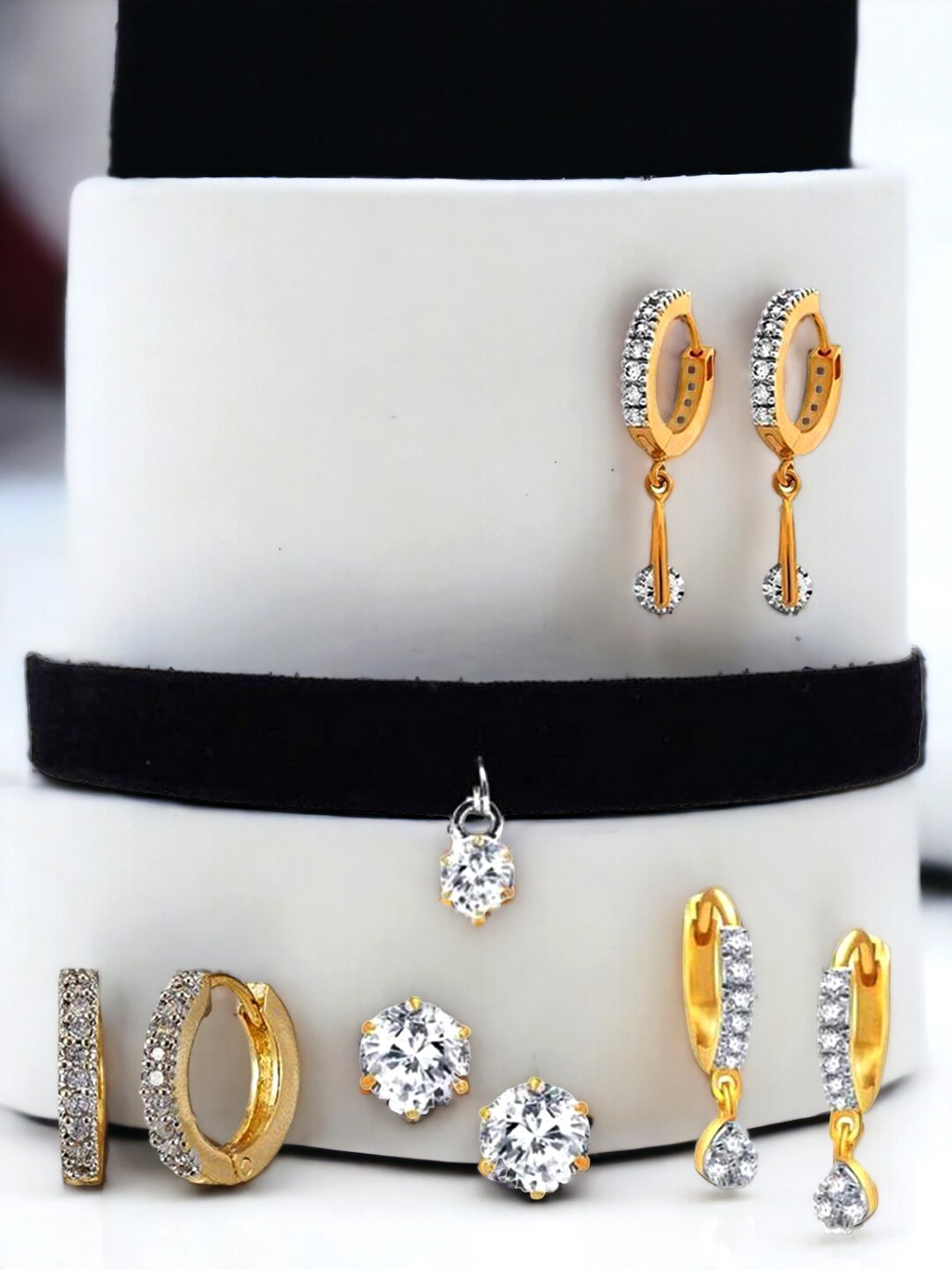 

Goldnera Set Of 4 Stone-Studded Contemporary Drop Earrings & Necklaces, Gold