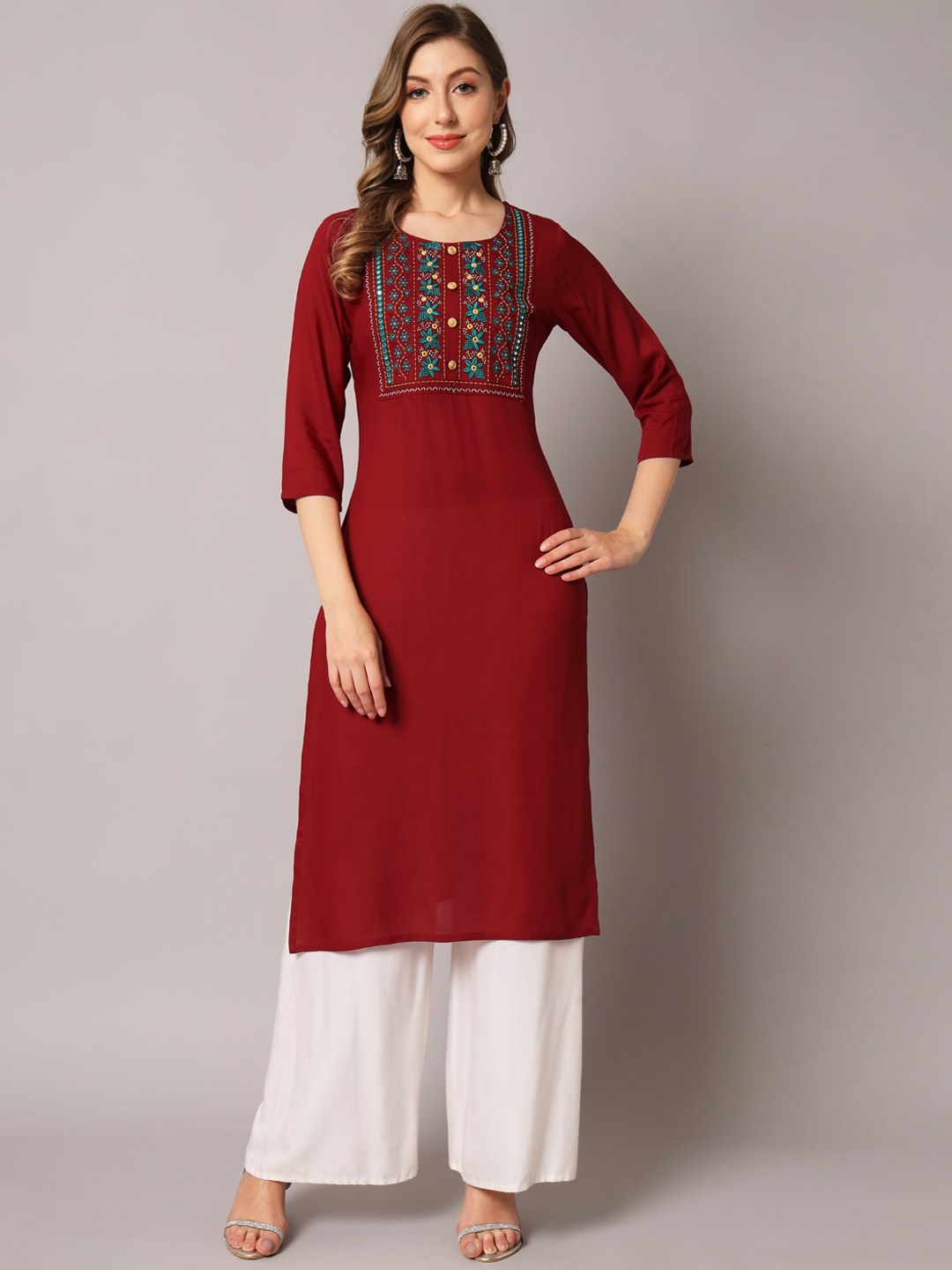 

BAESD Ethnic Motifs Yoke Design Thread & Mirror Work Kurta, Maroon