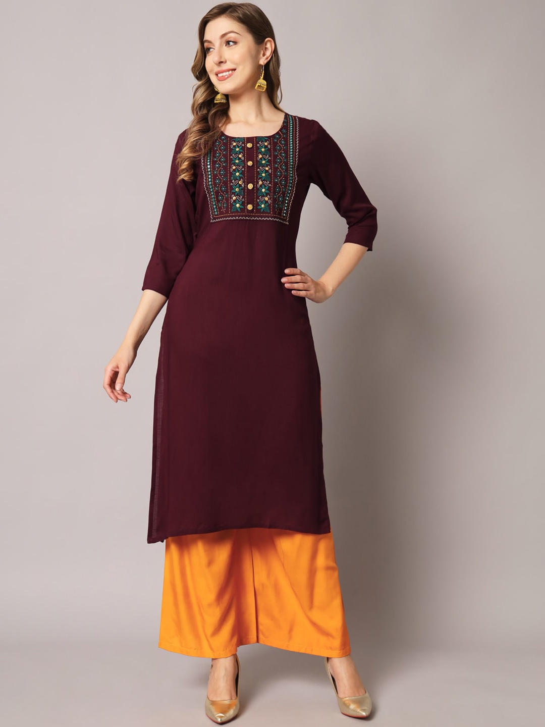 

BAESD Yoke Design Floral Thread Work Straight Kurta, Maroon