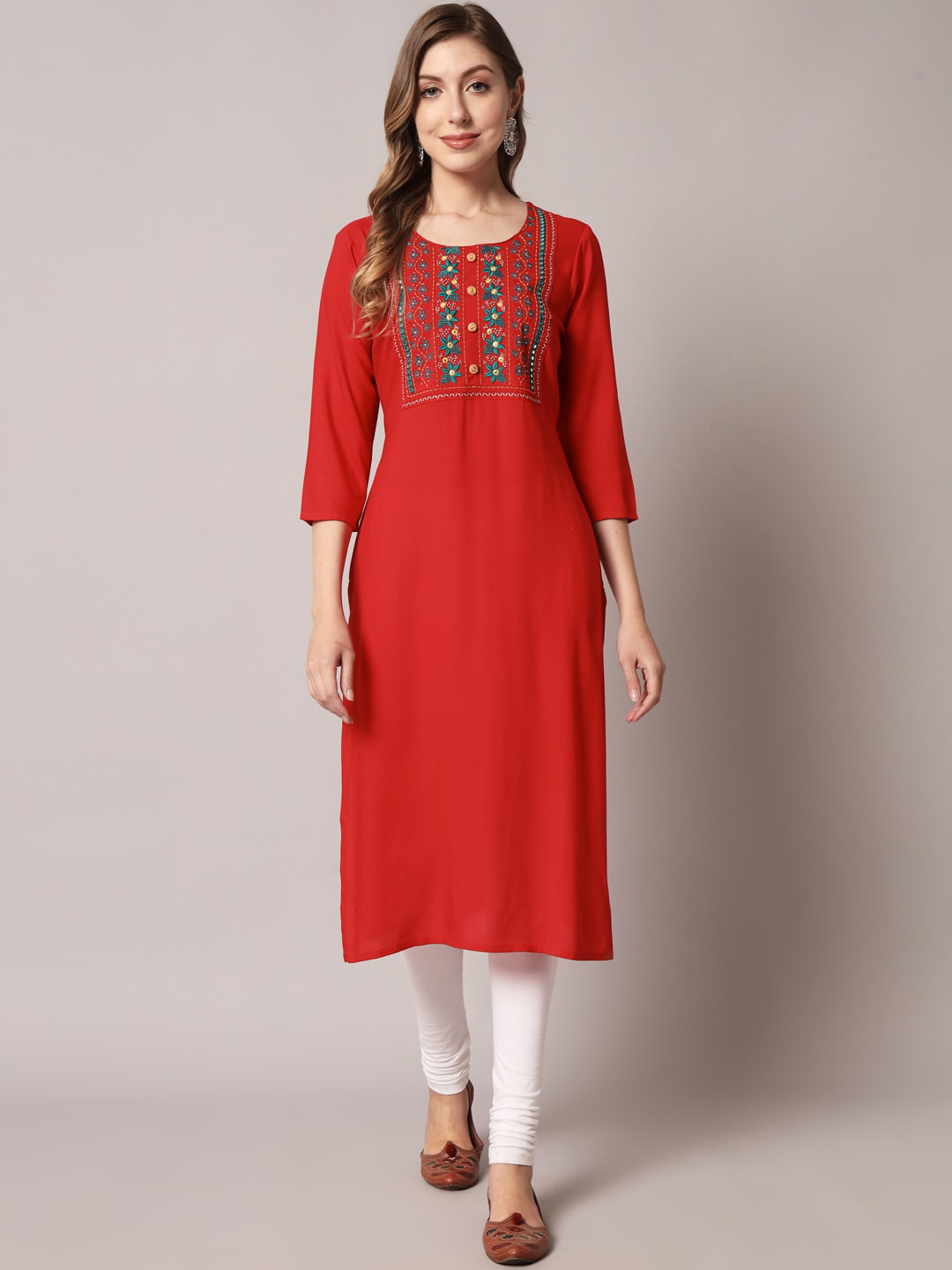

BAESD Ethnic Motifs Yoke Design Thread Work Kurta, Red